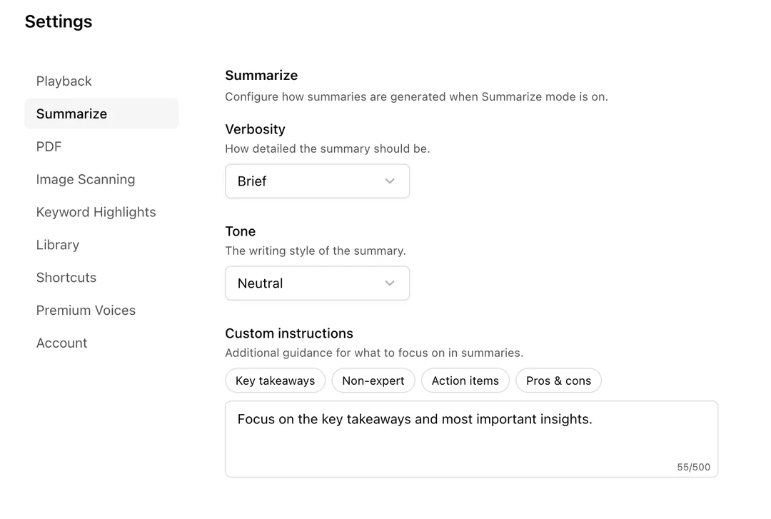 Readox AI summary settings showing verbosity, tone, and custom instructions.
