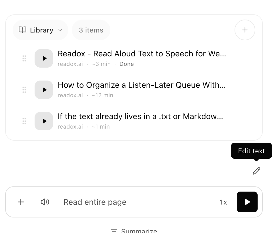 Readox sidepanel showing library items and the Edit text button.