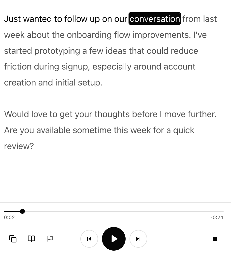 Readox reading pasted text aloud with word-level highlighting on the current word.