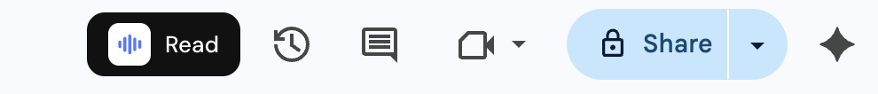 Readox Read button in the Google Docs toolbar, next to Share.