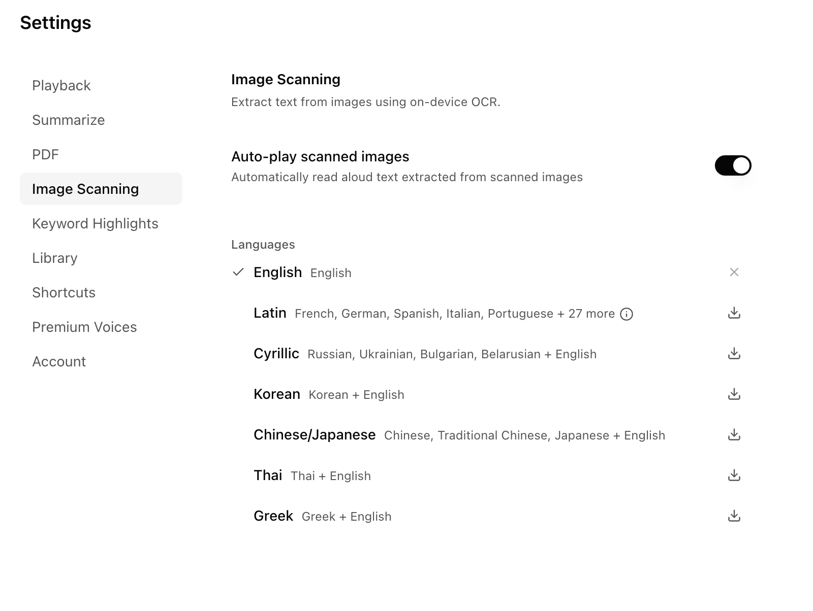Readox image scanning settings showing installed language packs, available downloads, and active language selector.