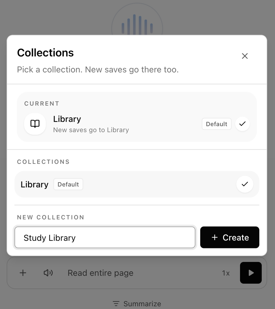 Readox collections picker showing the default Library and a form to create a new collection.